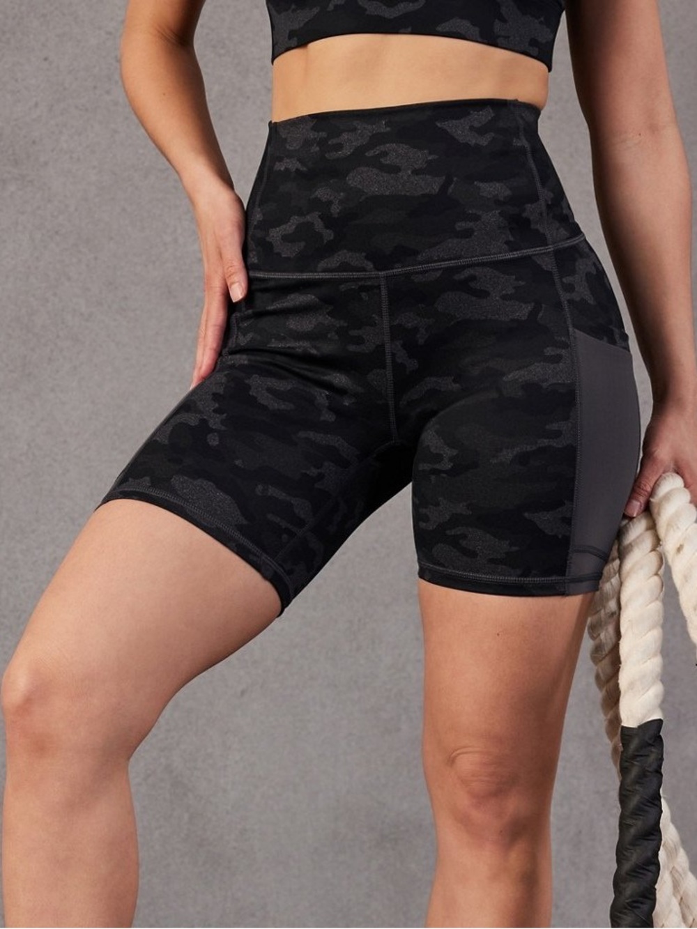 Fabletics On-The-Go PowerHold High-Waisted Black & Grey Camo Bike Shorts